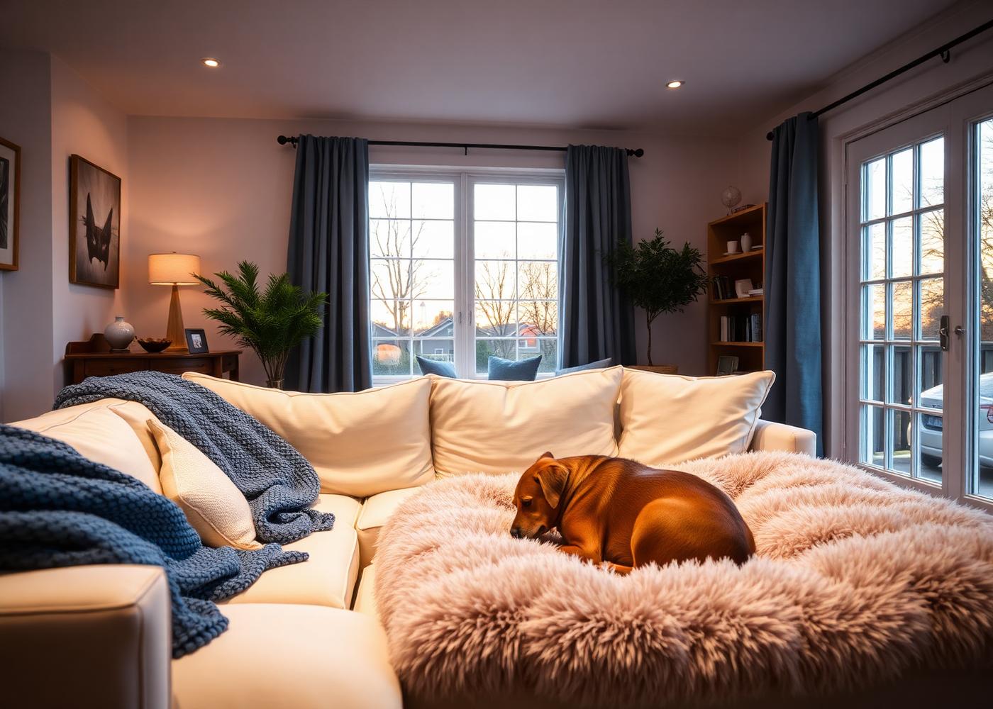 Cozy living room at dusk with soft blue throws and a dog asleep on a plush bed