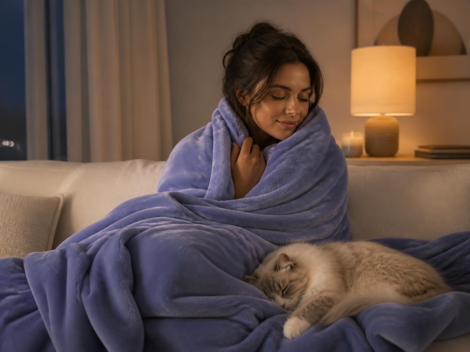 Person wrapped in a periwinkle plush blanket with a cat asleep beside them