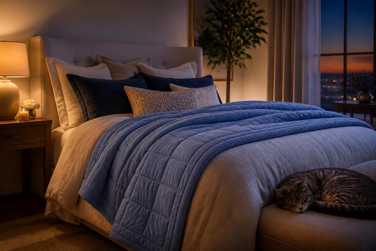 Cozy bedroom with a periwinkle weighted blanket